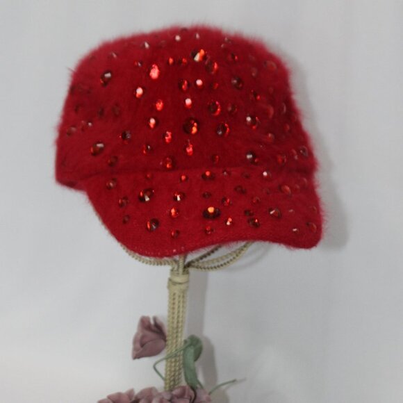 Rabbit Fur with Red Rhinestones Baseball Cap - Picture 3 of 11
